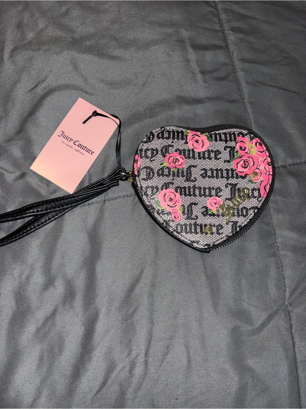 Juicy Couture Heart-Shaped Wristlet with Pink Rose Print